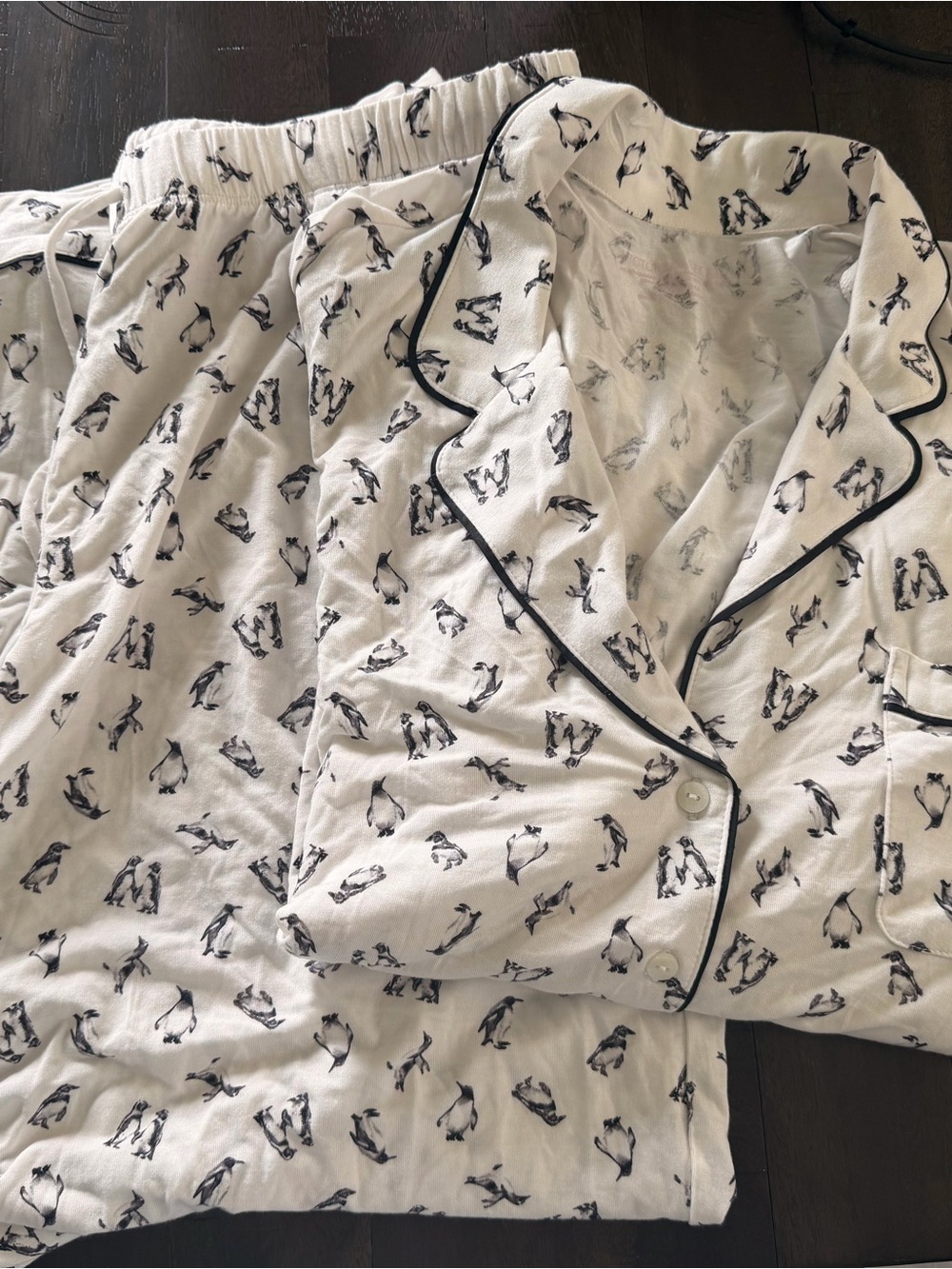 Victoria's Secret White Penguin-Print Two-Piece Pajama Set with Black Piping
